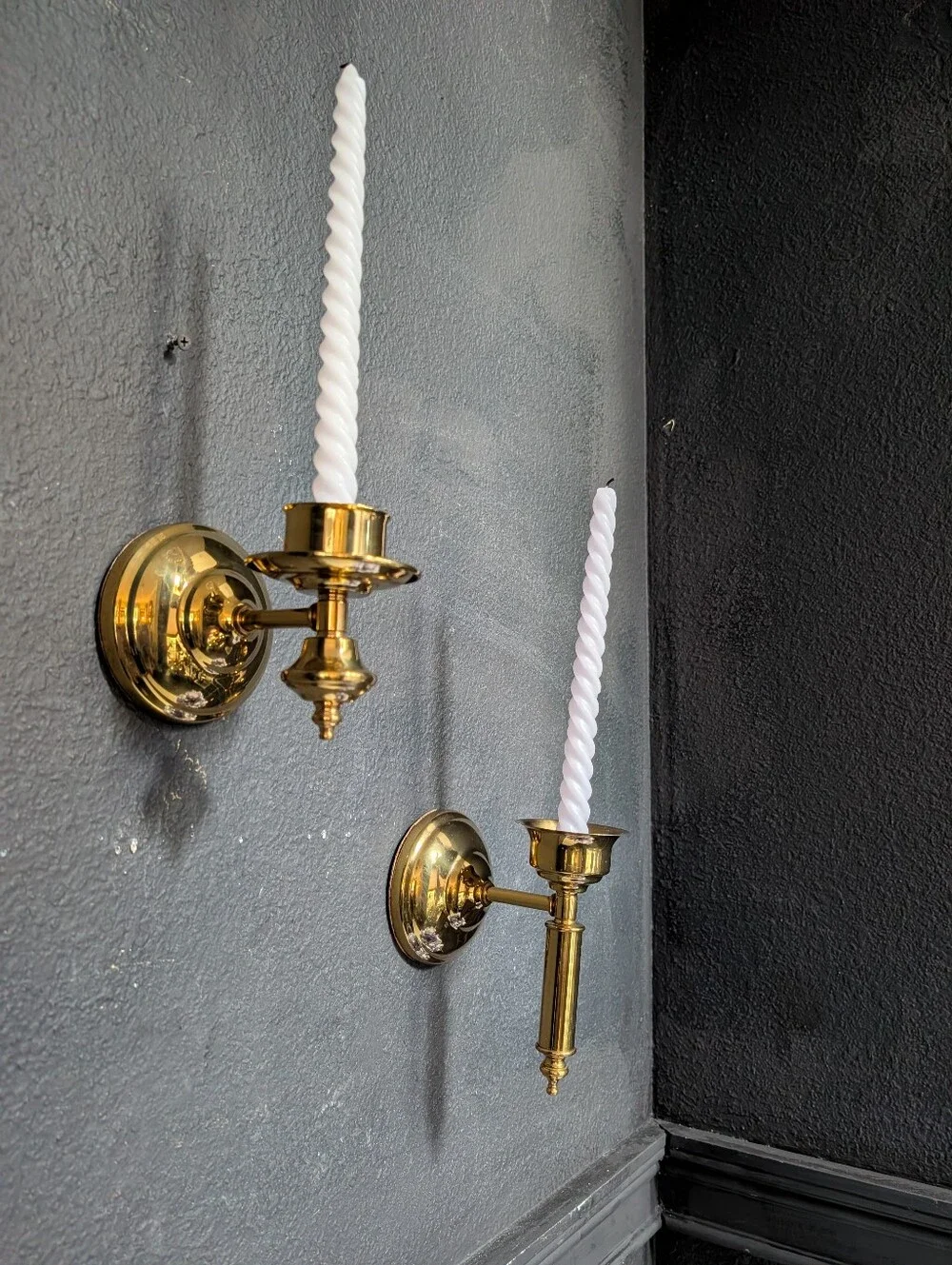 Vintage, set of 2,  MCM Polished Gold Metal Wall sconce candle holders, 4-6 inch